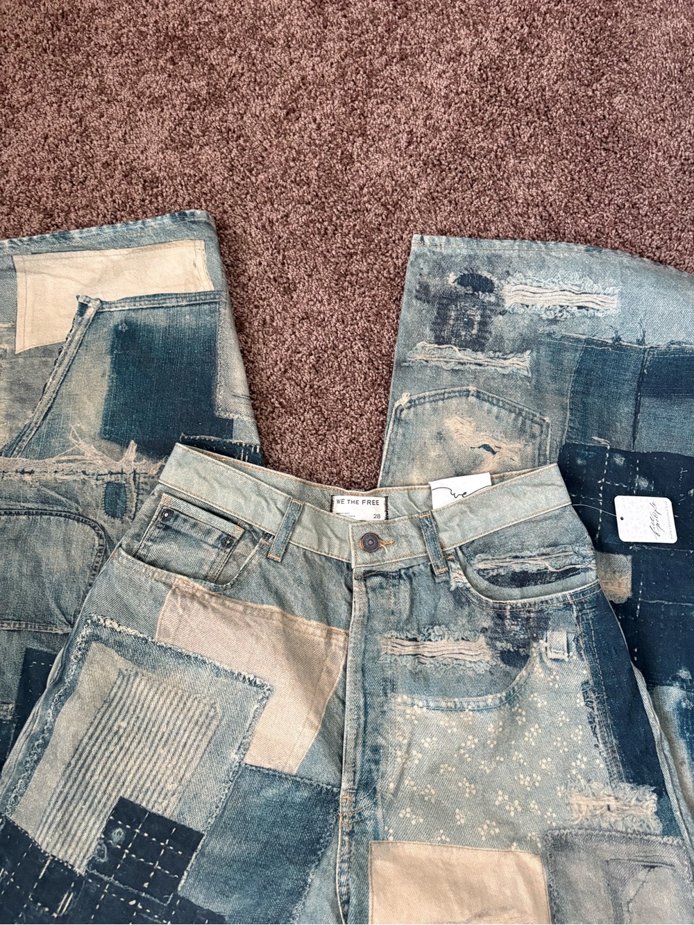 Free People Patchwork Straight-Leg Jeans in Olive, Tan, Navy - Picture 3 of 5
